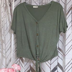 Olive Front-Knot Button-Up Top